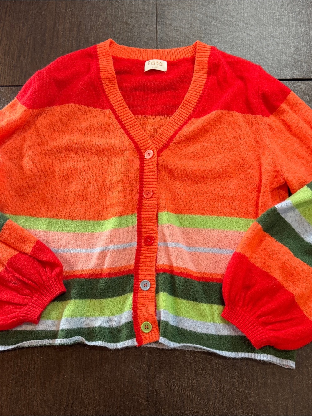 Fate Striped Long Balloon Sleeved V-Neck Cardigan in Red, Orange, Green SZ L